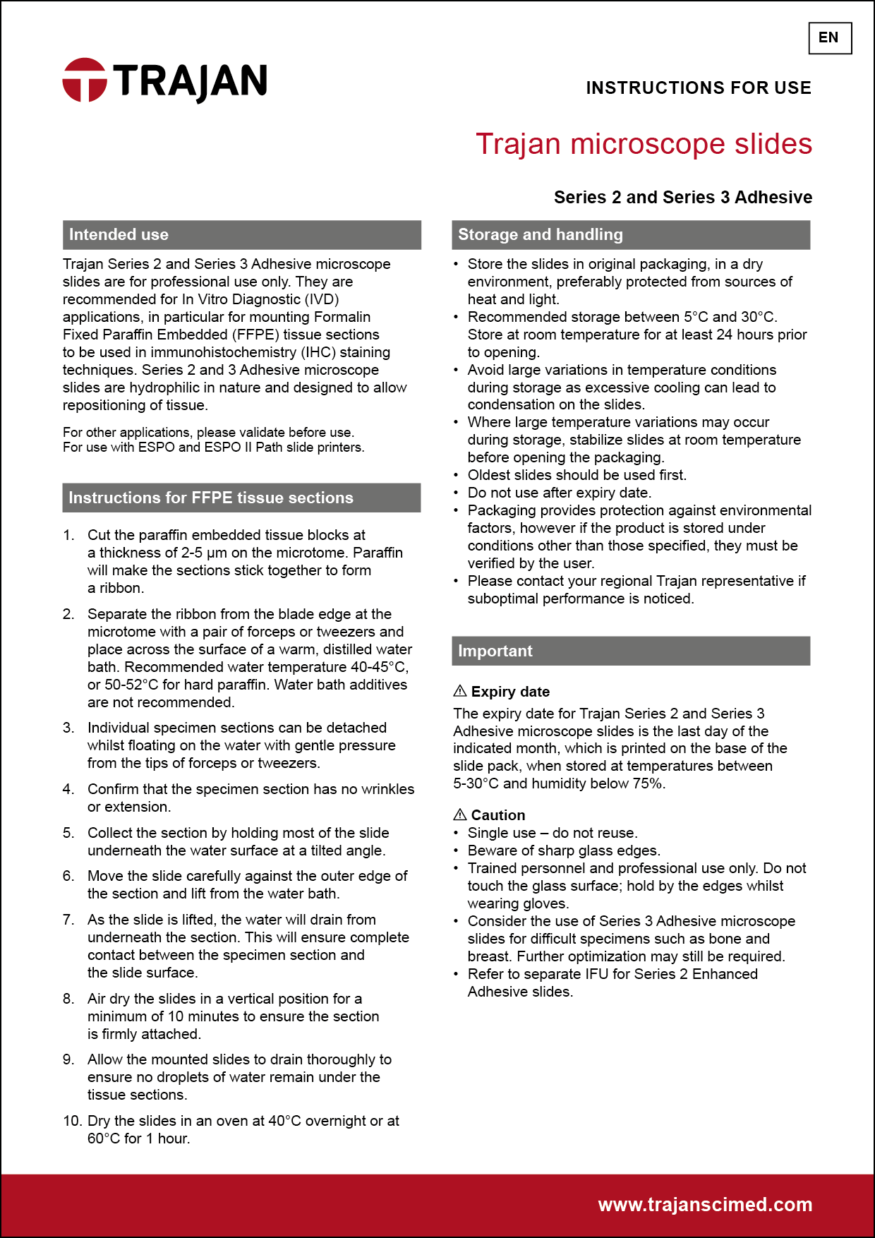 Instructions for use - Trajan microscope slides Series 2 and Series 3 Adhesive (EN, FR, DE, ES, IT, PT)