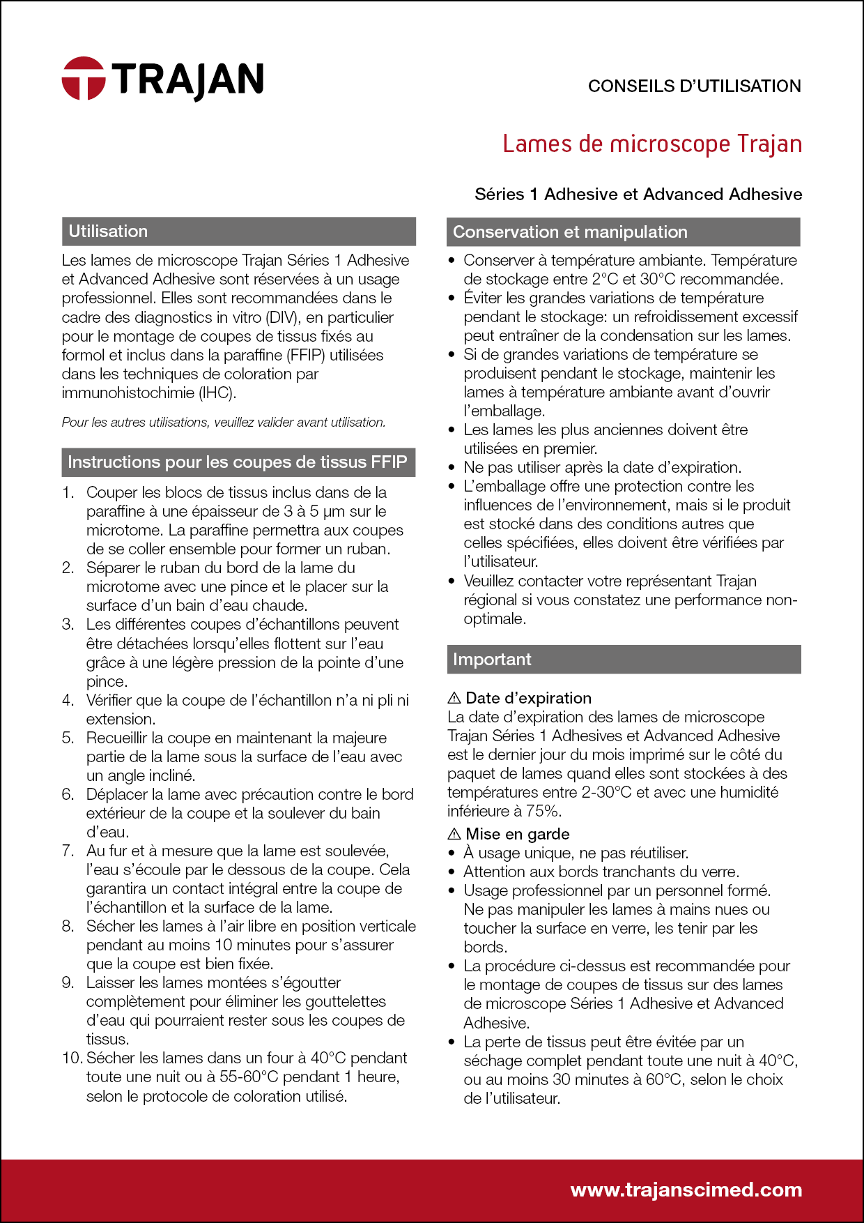 Instructions for use - Trajan microscope slides Series 1 Adhesive and Advanced Adhesive (French)