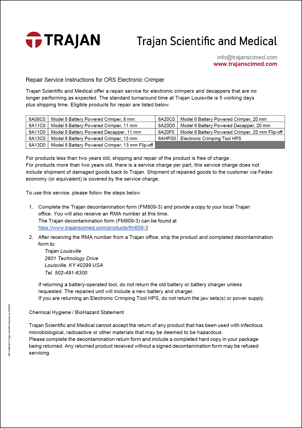 Repair service instructions for CRS electronic crimper