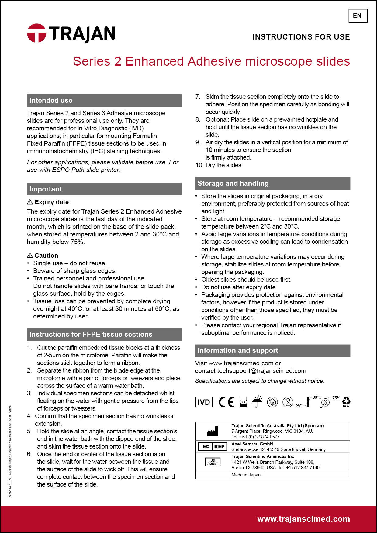 Instructions for use - Trajan microscope slides Series 2 Enhanced Adhesive (EN, FR, DE, ES, IT, PT)