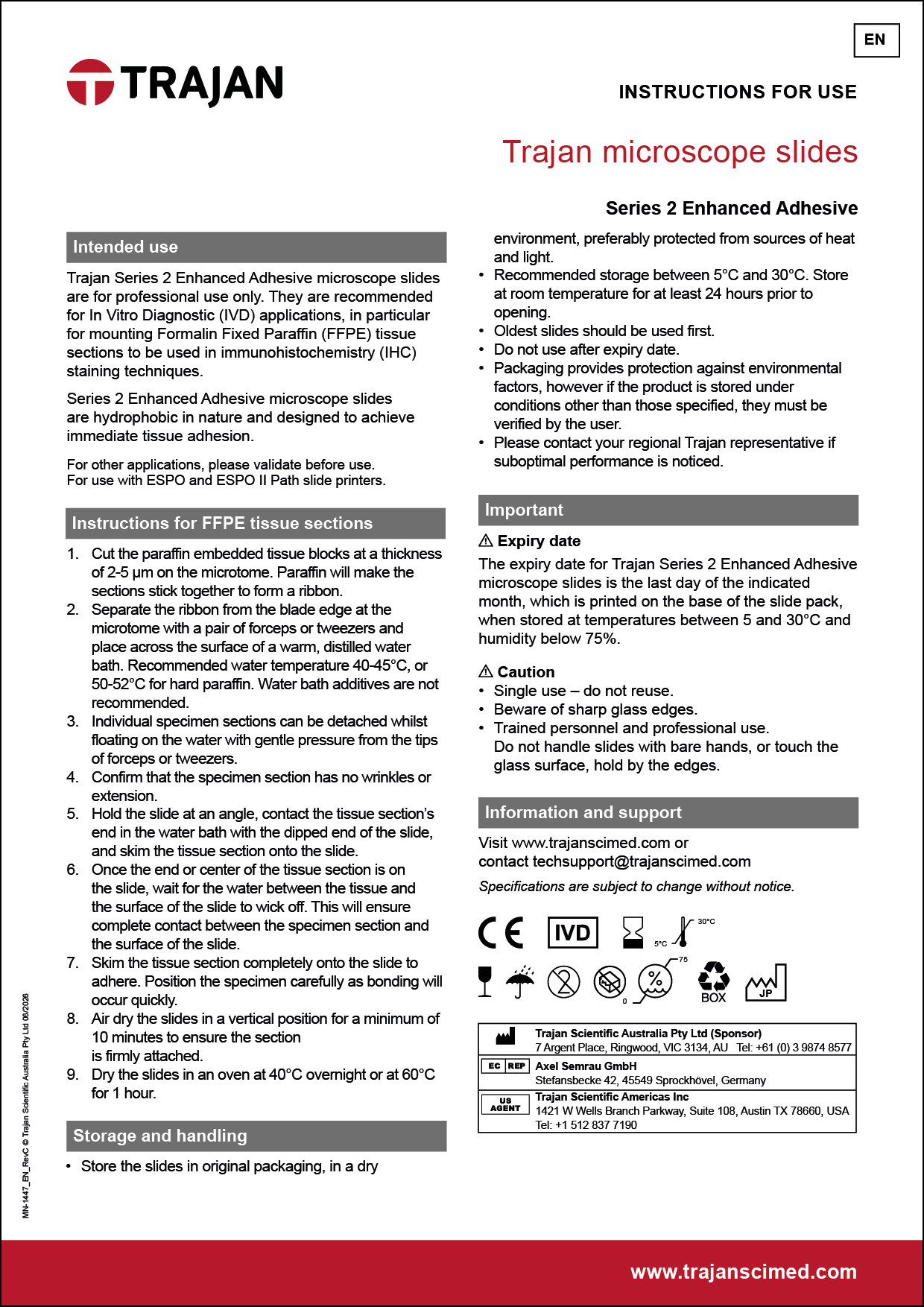 Instructions for use - Trajan microscope slides Series 2 Enhanced Adhesive (EN, FR, DE, ES, IT, PT)