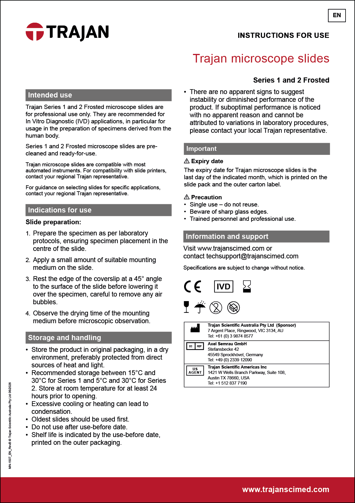 Instructions for use - Trajan microscope slides Series 1 and 2 Frosted (EN, ES, FR, IT)