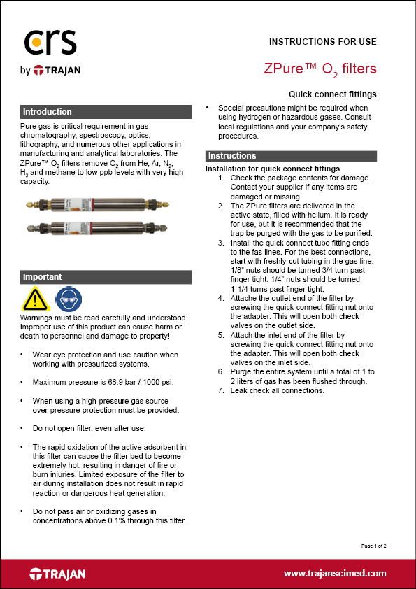 Instructions for use - CRS ZPure™ O2 filters with quick connect fittings