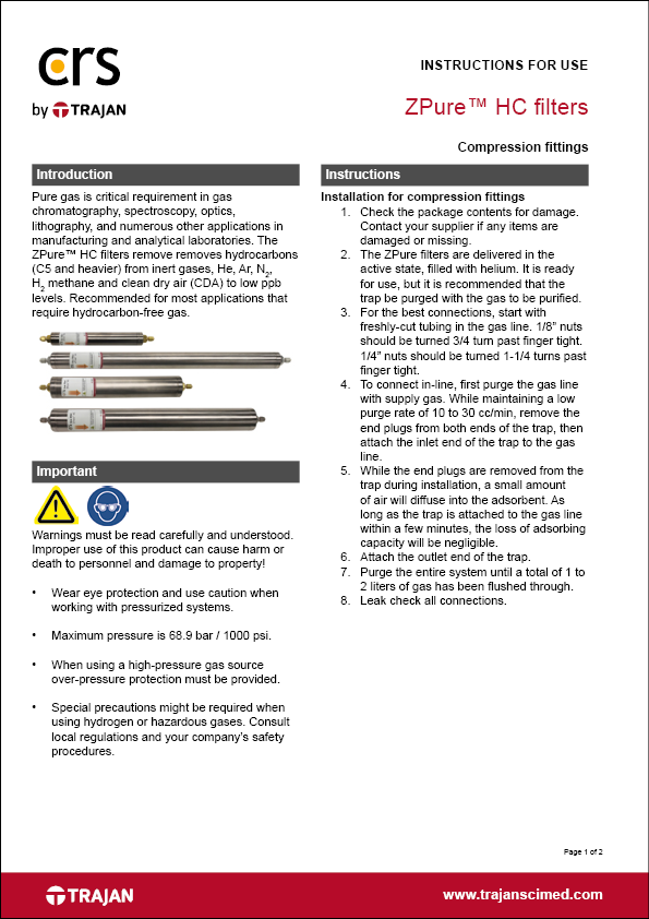 Instructions for use - ZPure™ HC filters with compression fittings