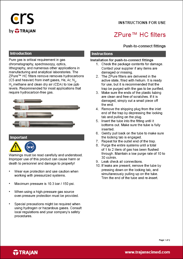 Instructions for use - ZPure™ HC filters with push-to-connect fittings