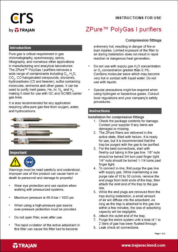 Instructions for use - ZPure™ PolyGas I purifiers with compression fittings