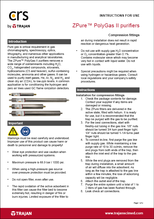 Instructions for use - ZPure™ PolyGas II purifiers with compression fittings