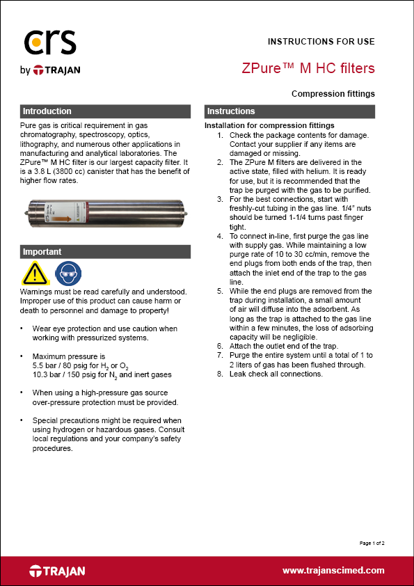 Instructions for use - ZPure™ M HC filters with compression fittings