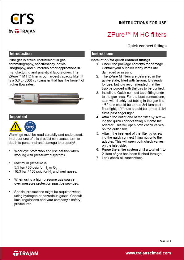 Instructions for use - ZPure™ M HC filters
