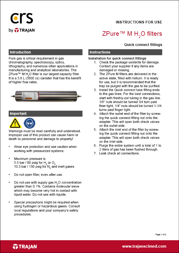 Instructions for use - ZPure™ M H2O filters with quick connect fittings