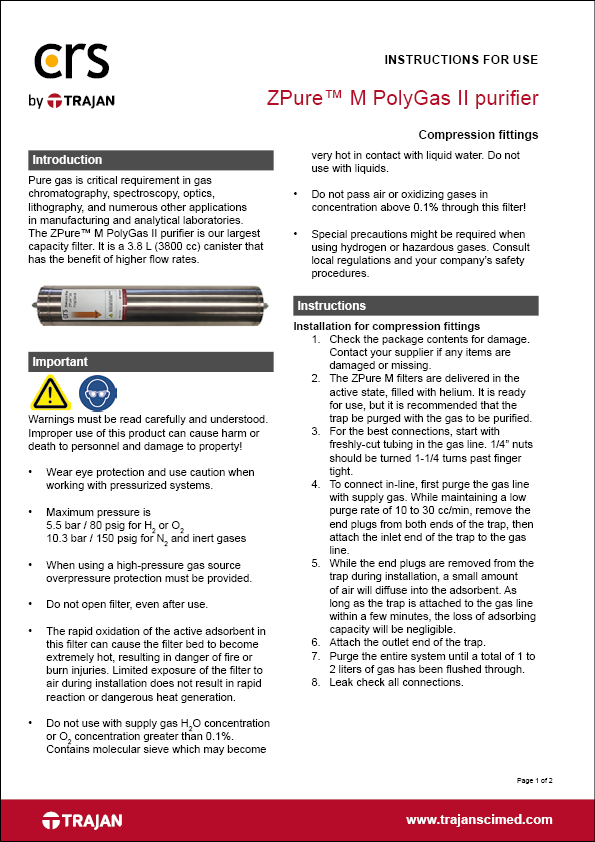 Instructions for use - ZPure™ M PolyGas II purifier with compression fittings