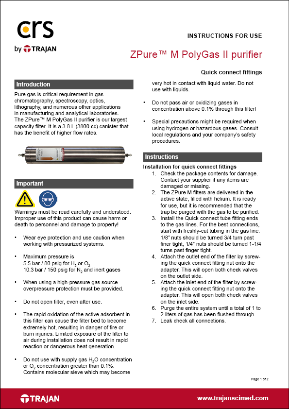 Instructions for use - ZPure™ M PolyGas II purifier with quick connect fittings