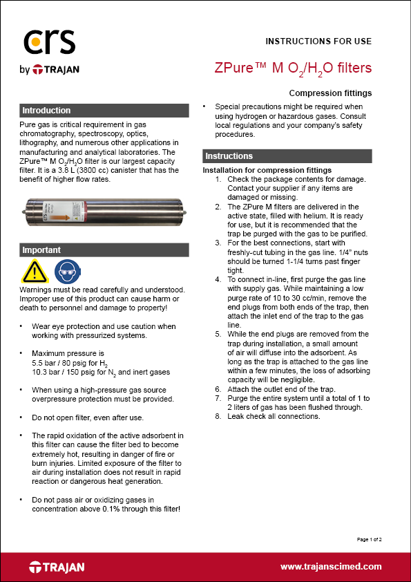 Instructions for use - ZPure™ M O2/H2O filters with compression fittings