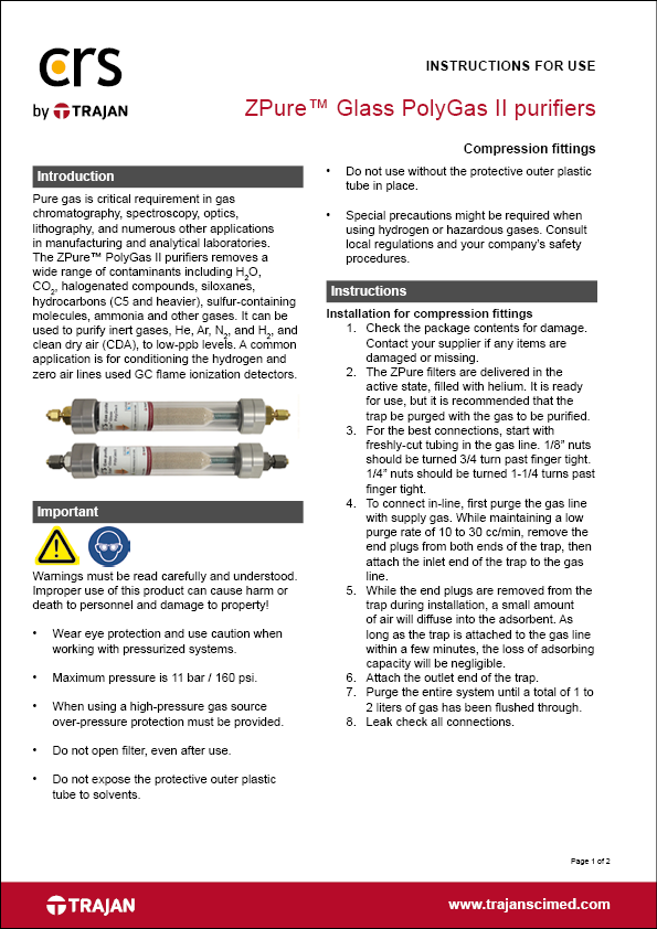 Instructions for use - ZPure™ Glass PolyGas II purifiers with compression fittings