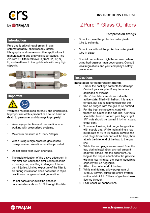 Instructions for use - ZPure™ Glass O2 filters with compression fittings