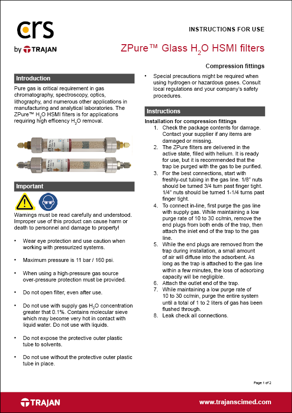 Instructions for use - ZPure™ Glass H2O HSMI filters with compression fittings