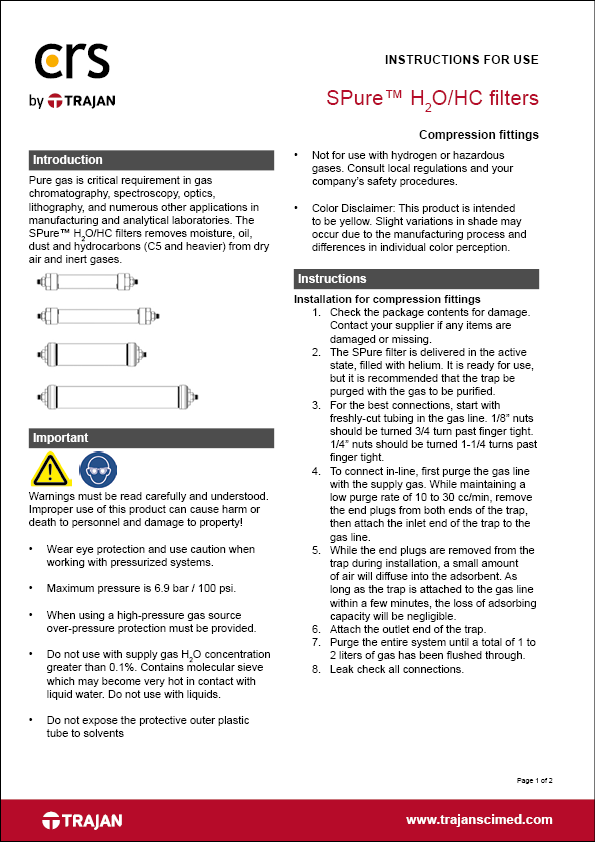 Instructions for use - SPure™ H2O/HC filters with compression fittings