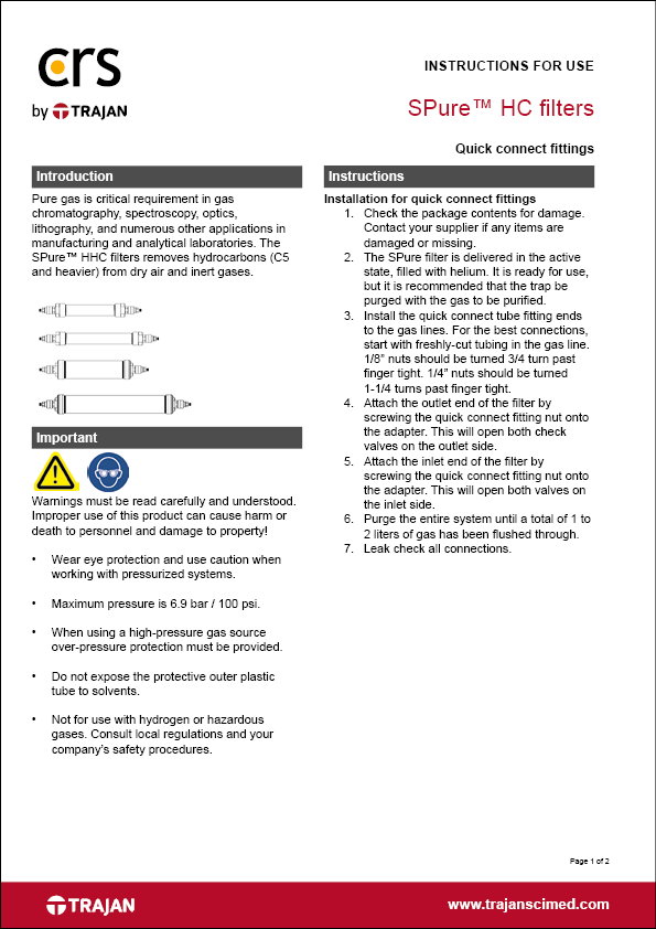 Instructions for use - SPure™ HC filters with quick connect fittings