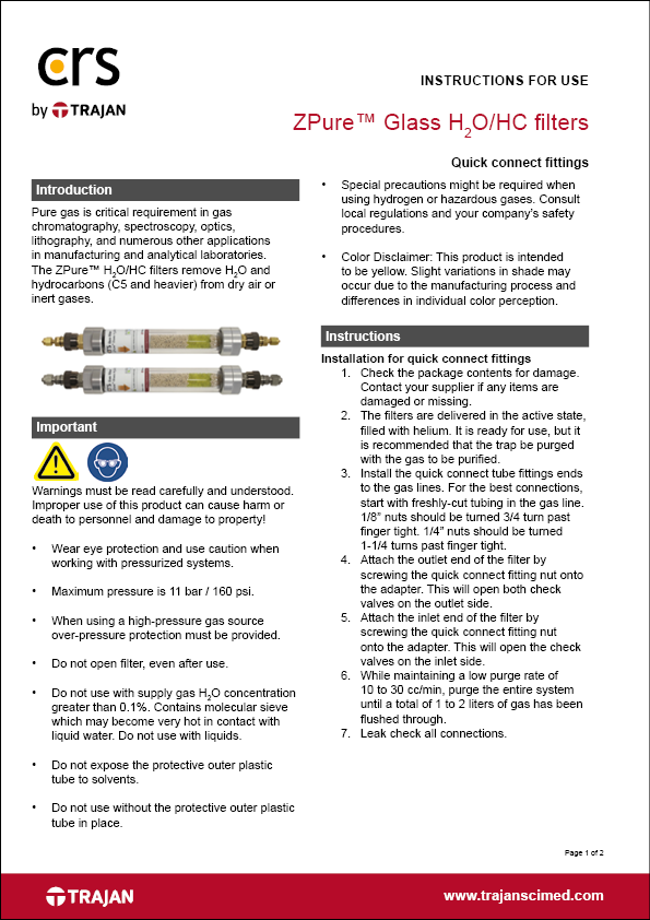Instructions for use - ZPure™ Glass H2O/HC filters with quick connect fittings