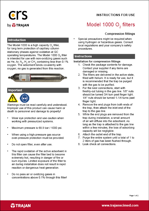 Instructions for use - Model 1000 O2 filters with compression fittings