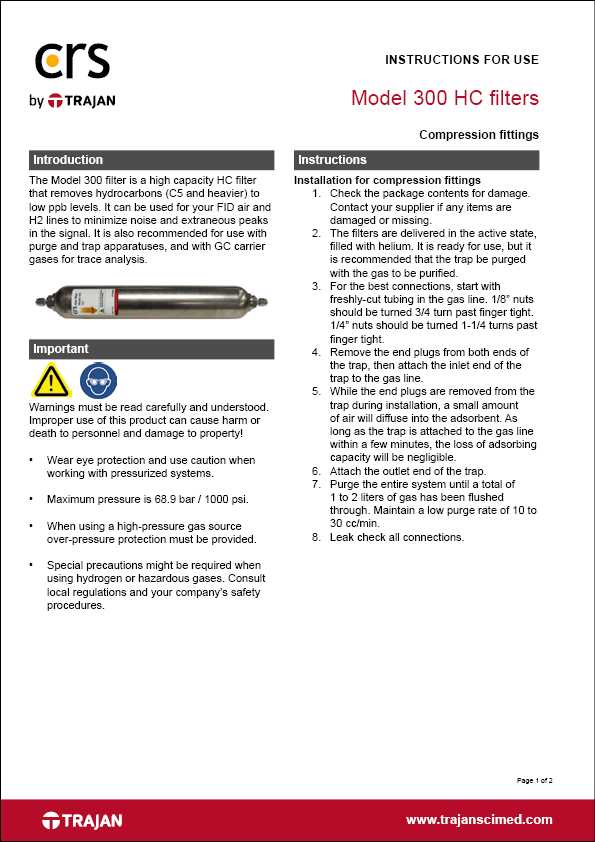 Instructions for use - Model 300 HC filters with compression fittings