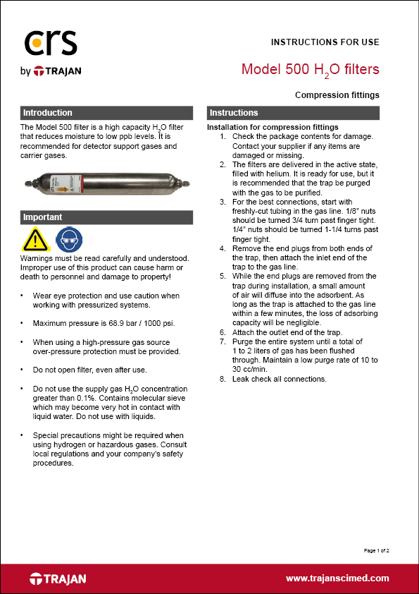 Instructions for use - Model 500 H2O filters with compression fittings