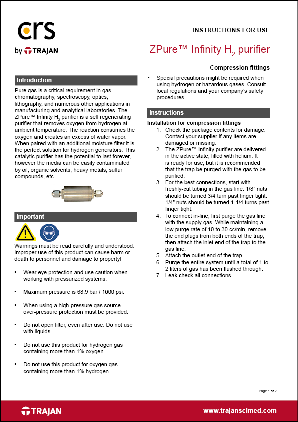 Instructions for use - ZPure™ Infinity H2 purifier with compression fittings