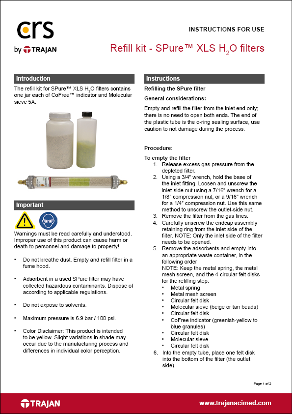 Instructions for use - Refill kit - SPure™ XLS H2O filters