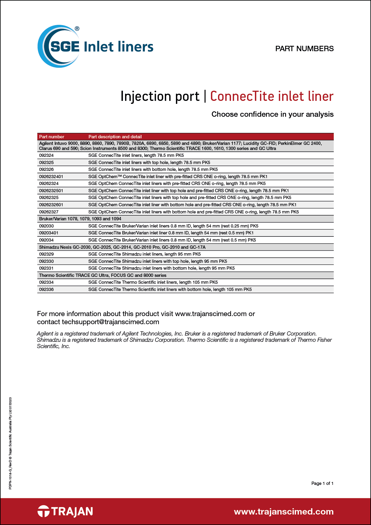 Part Number List - SGE ConnecTite inlet liners