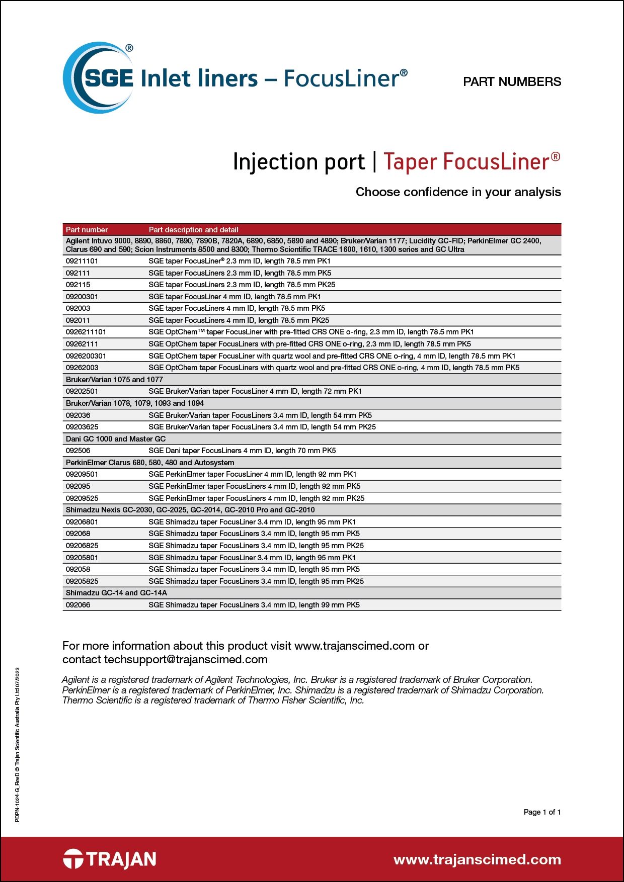 Part Number List - SGE taper FocusLiners