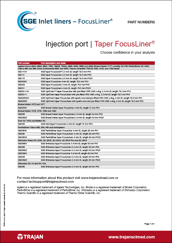 Part Number List - SGE taper FocusLiners