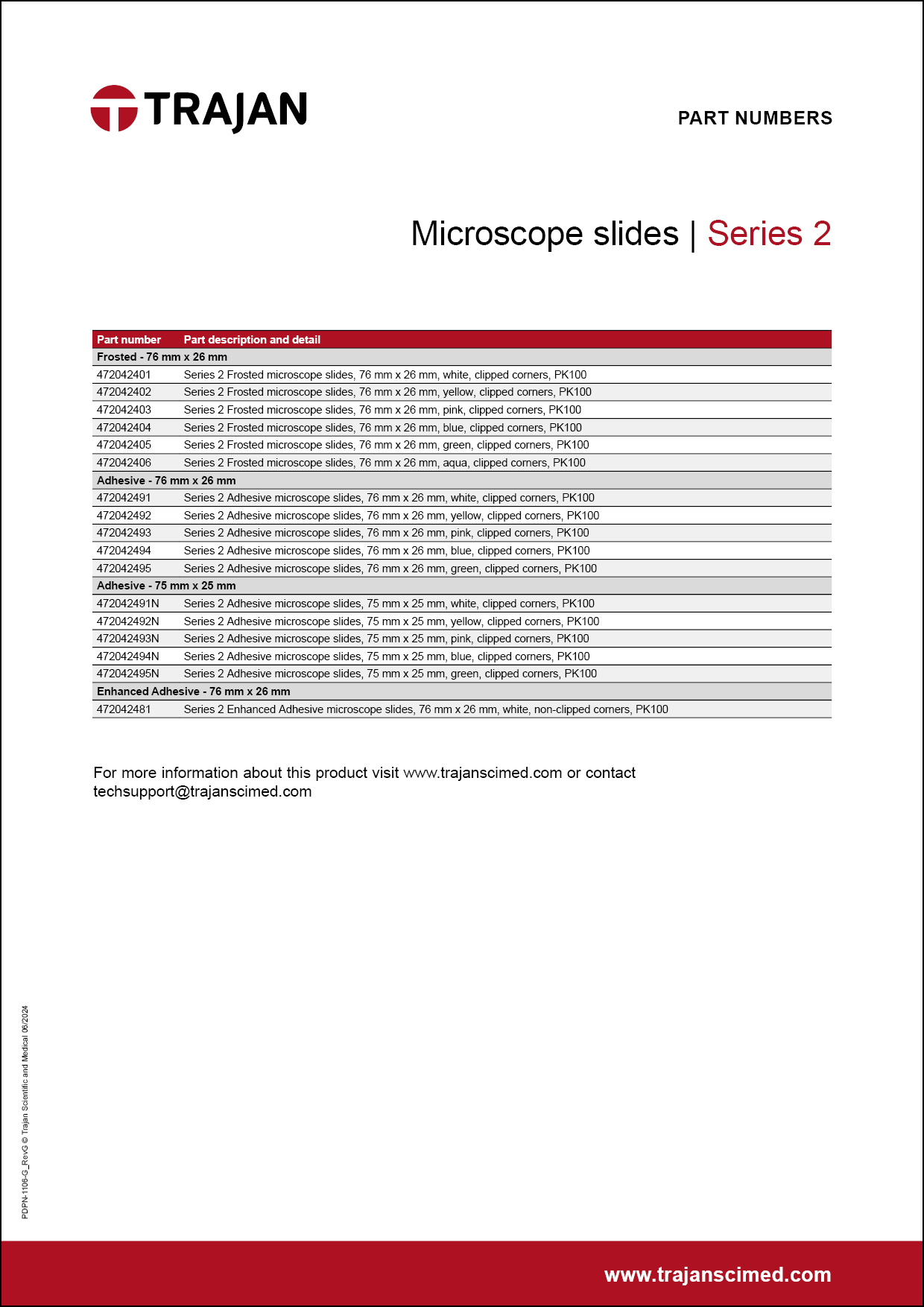 Part Number List - Series 2 microscope slides