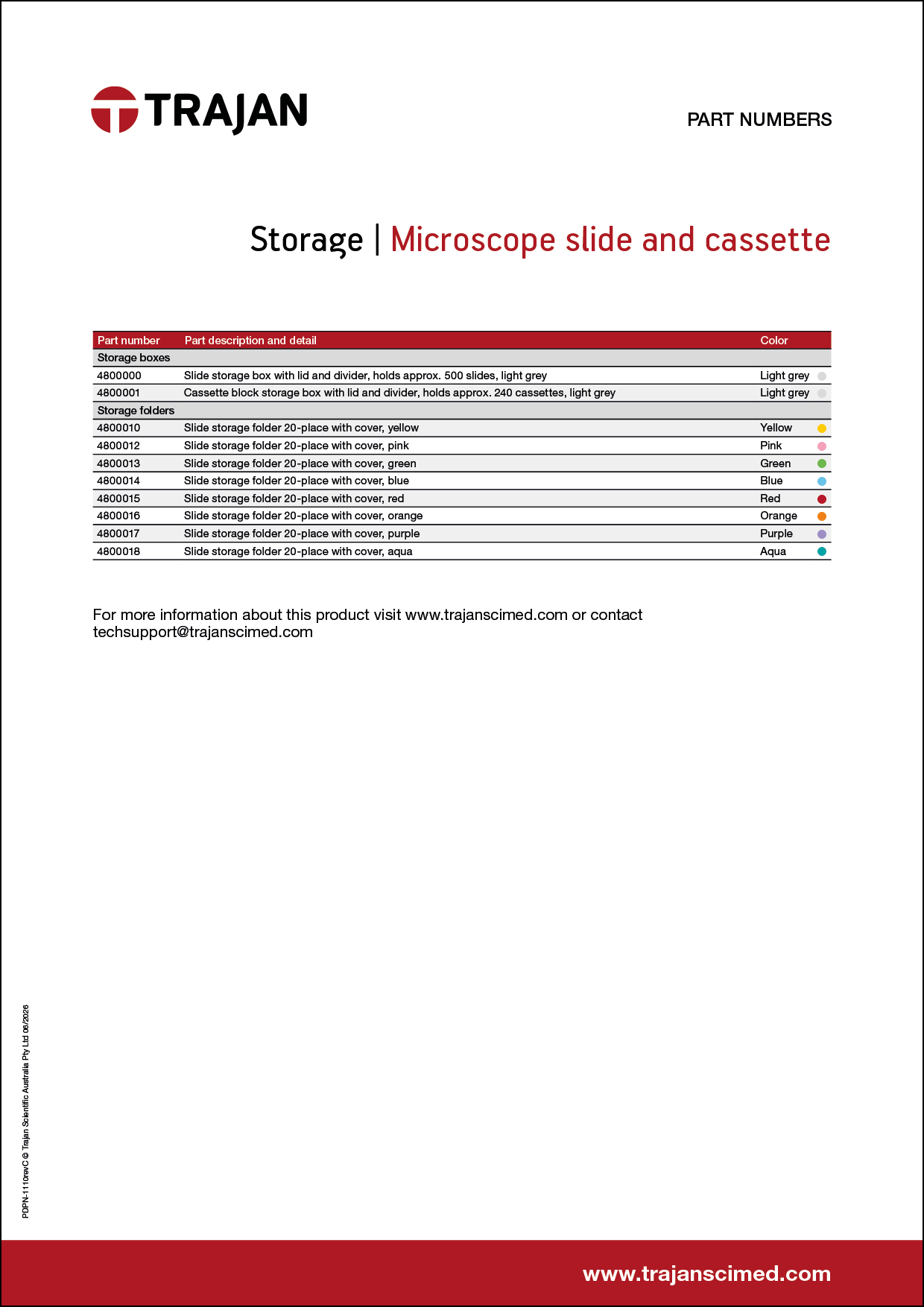 Part Number List - Microscope slide and cassette storage