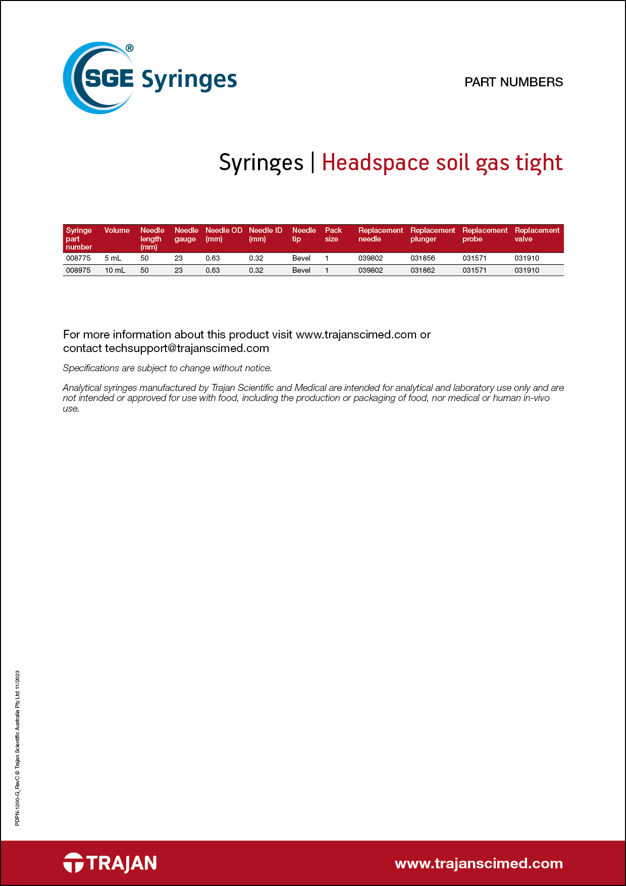 Part Number List - SGE headspace soil gas tight syringes