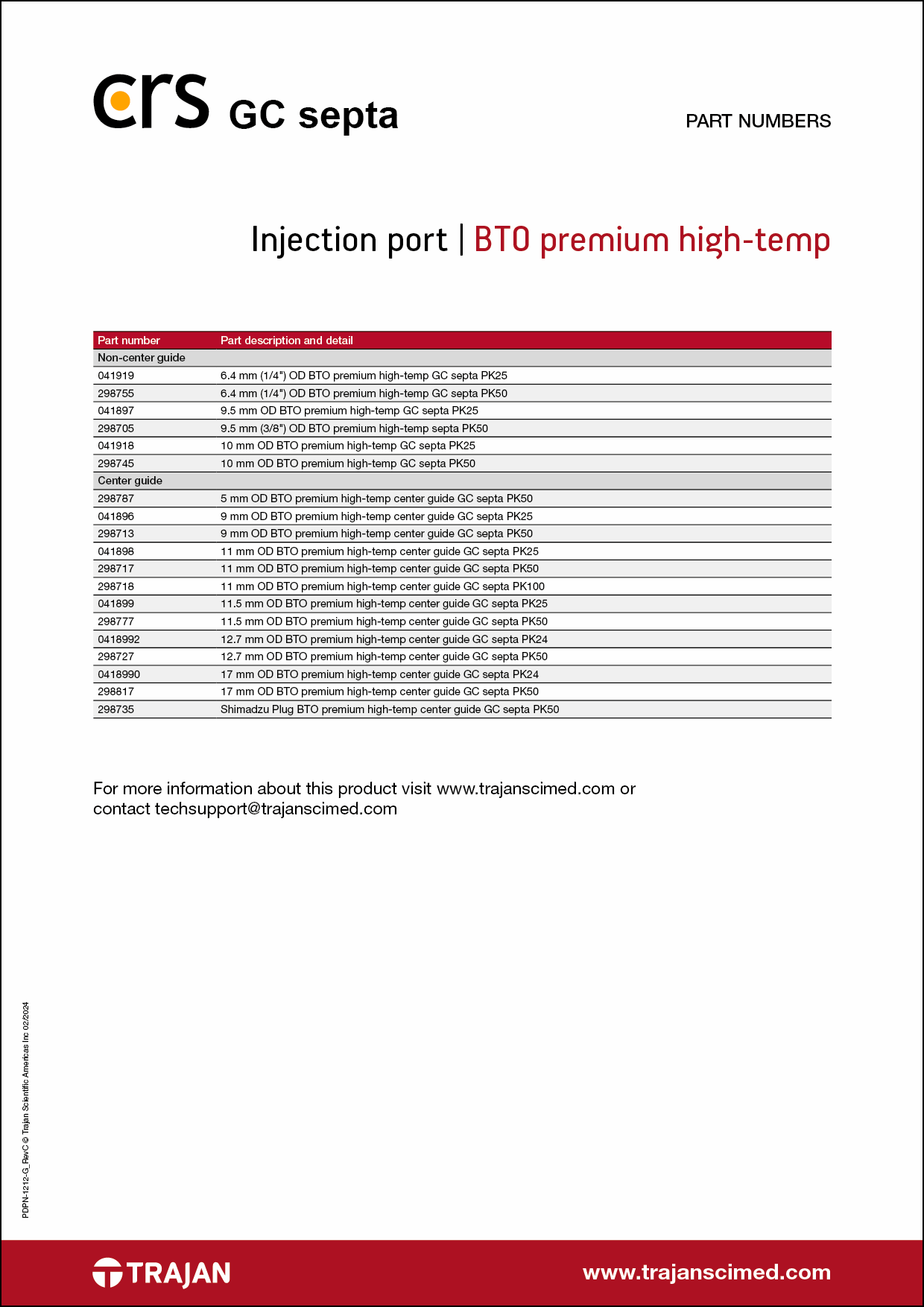 Part Number List - CRS BTO (Bleed temperature optimized) premium high-temp GC septa