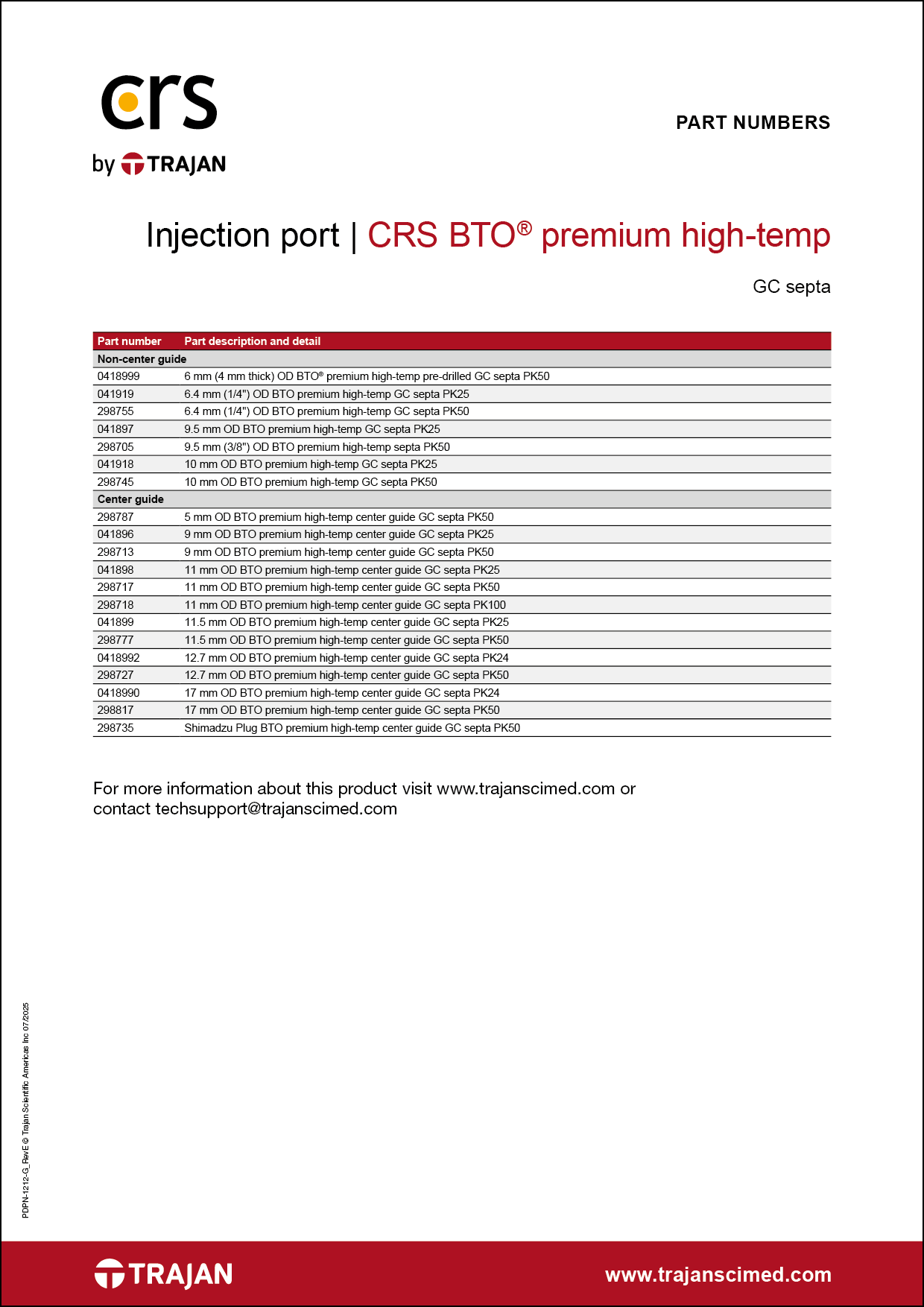 Part Number List - CRS BTO (Bleed temperature optimized) premium high-temp GC septa