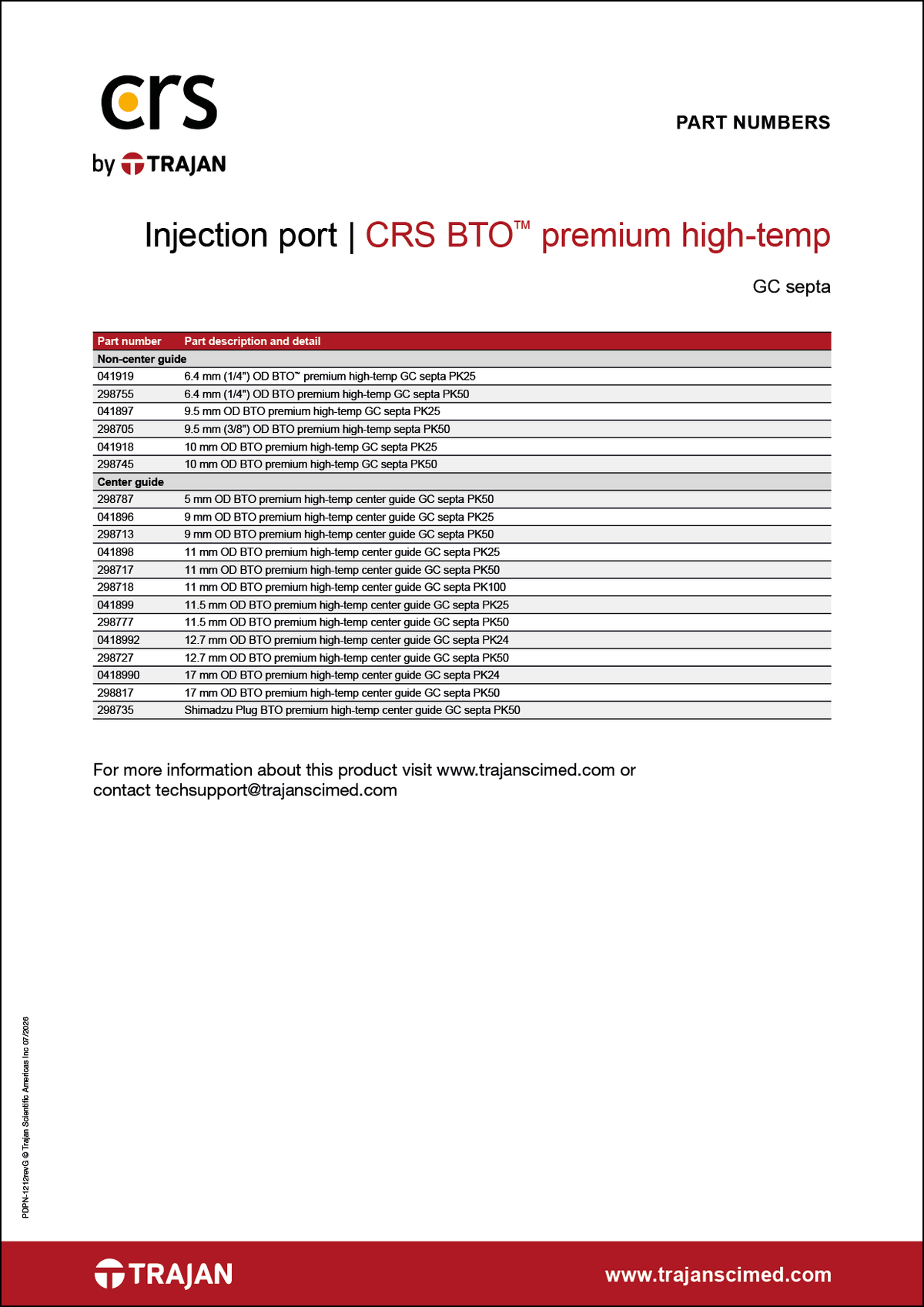 Part Number List - CRS BTO (Bleed temperature optimized) premium high-temp GC septa