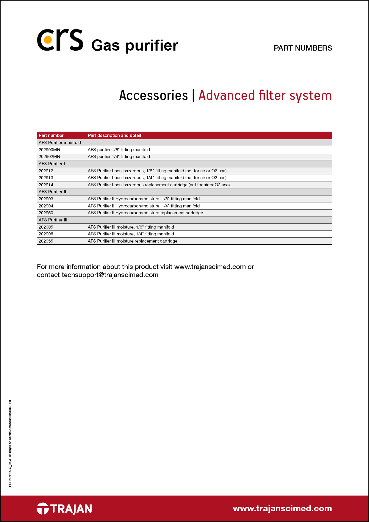 Part Number List - CRS Advanced Filter System gas purifier
