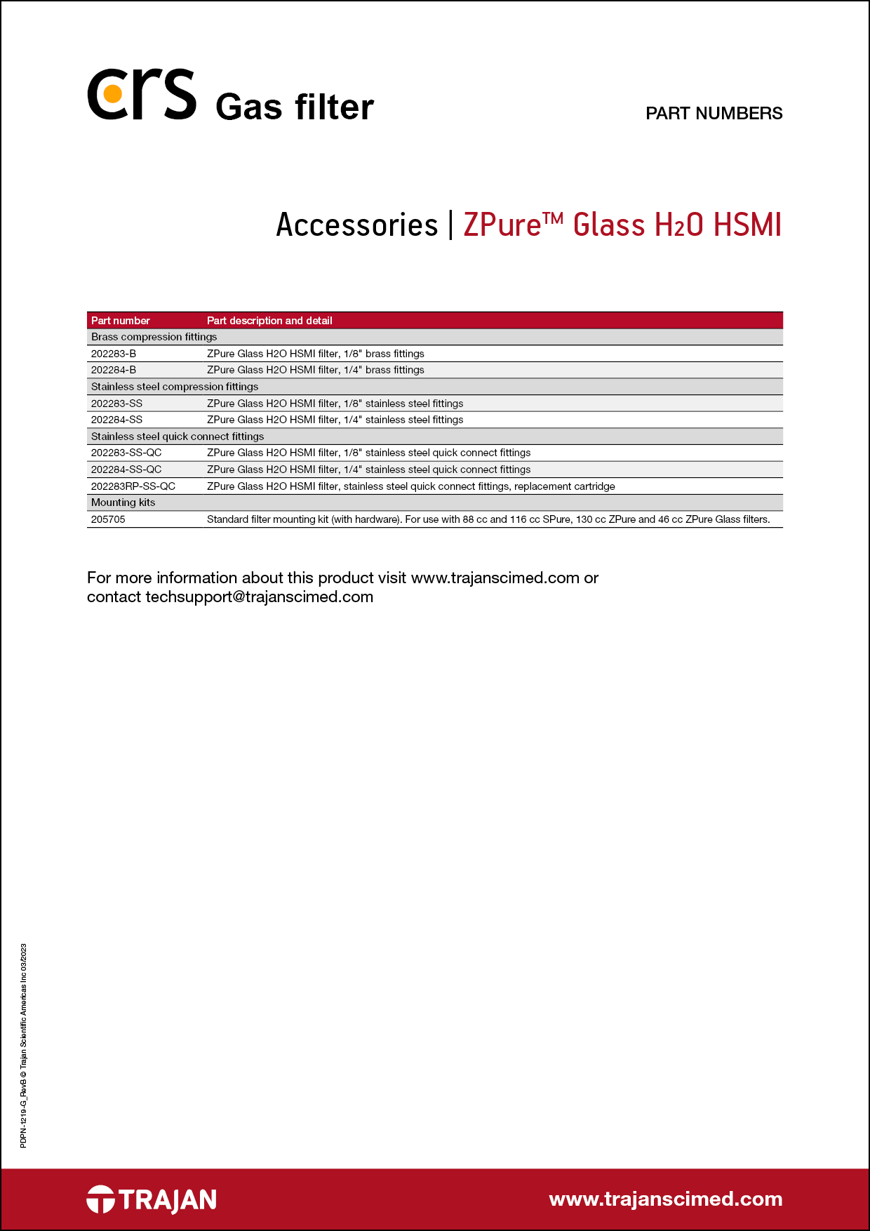 Part Number List - CRS ZPure™ Glass H<sub>2</sub>O HSMI gas filter