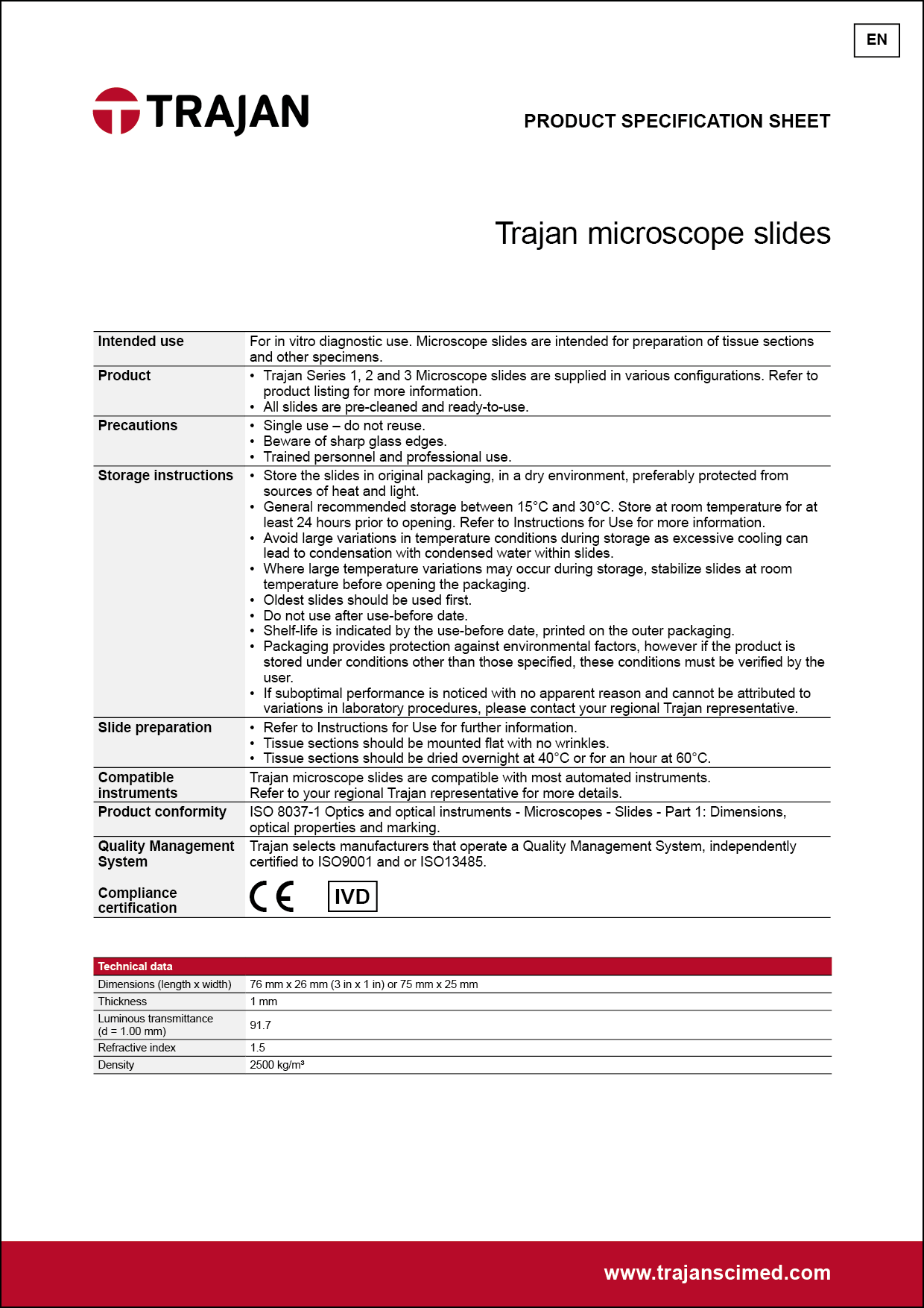 Product Specification Sheet - Trajan microscope slides