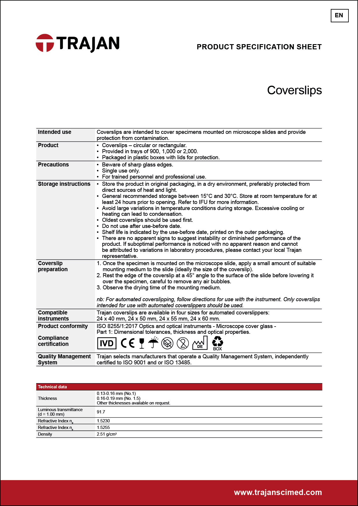 Product Specification Sheet - Trajan microscope slides