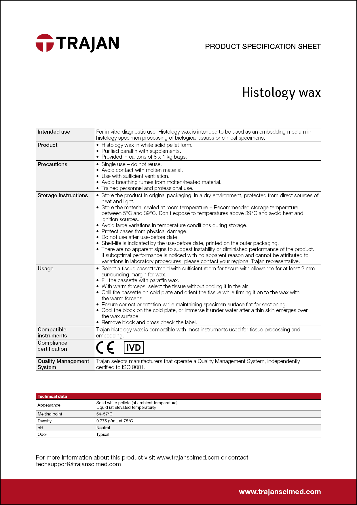Product Specification Sheet - Histology wax