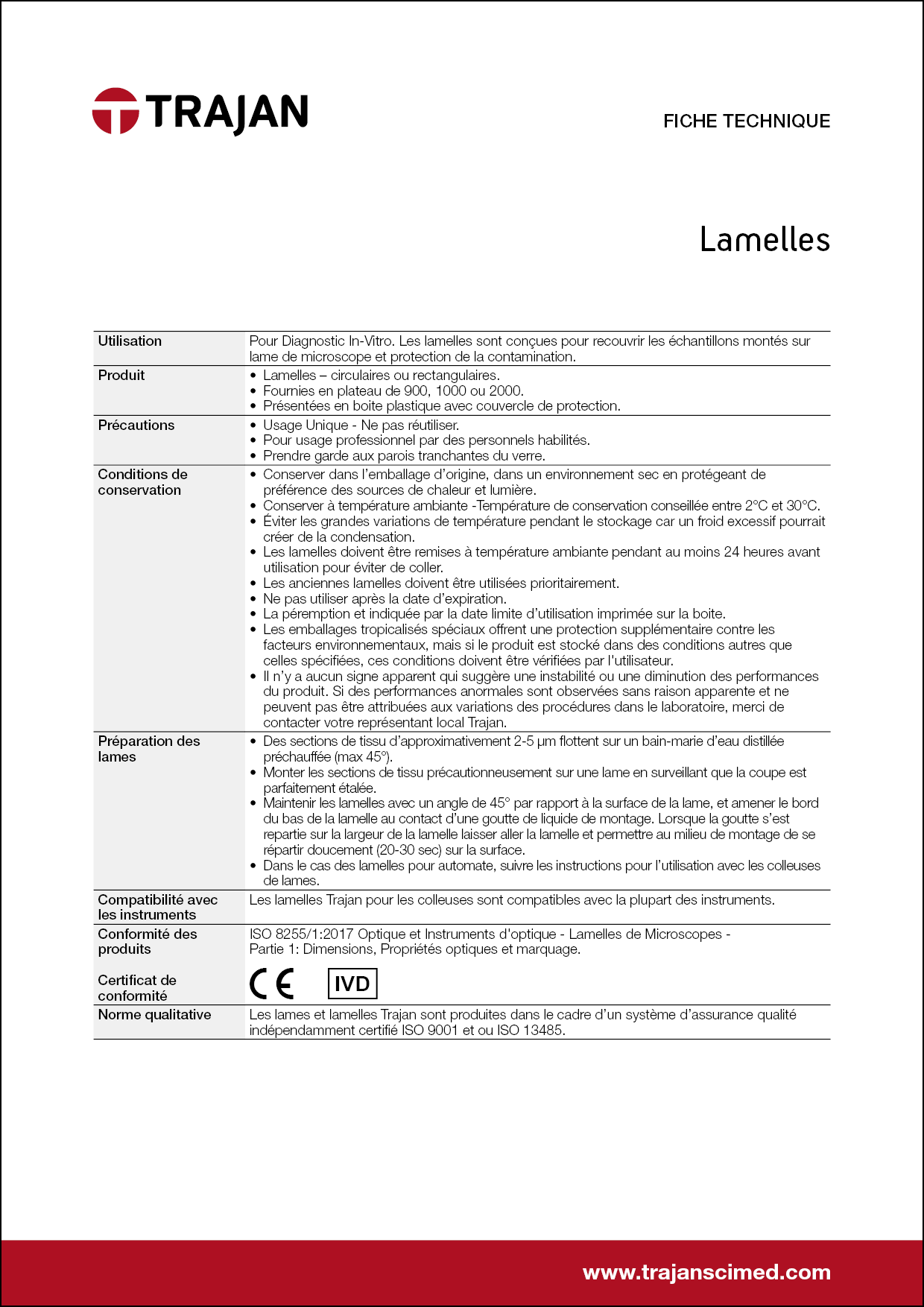 Product Specification Sheet - Trajan coverslips (French)