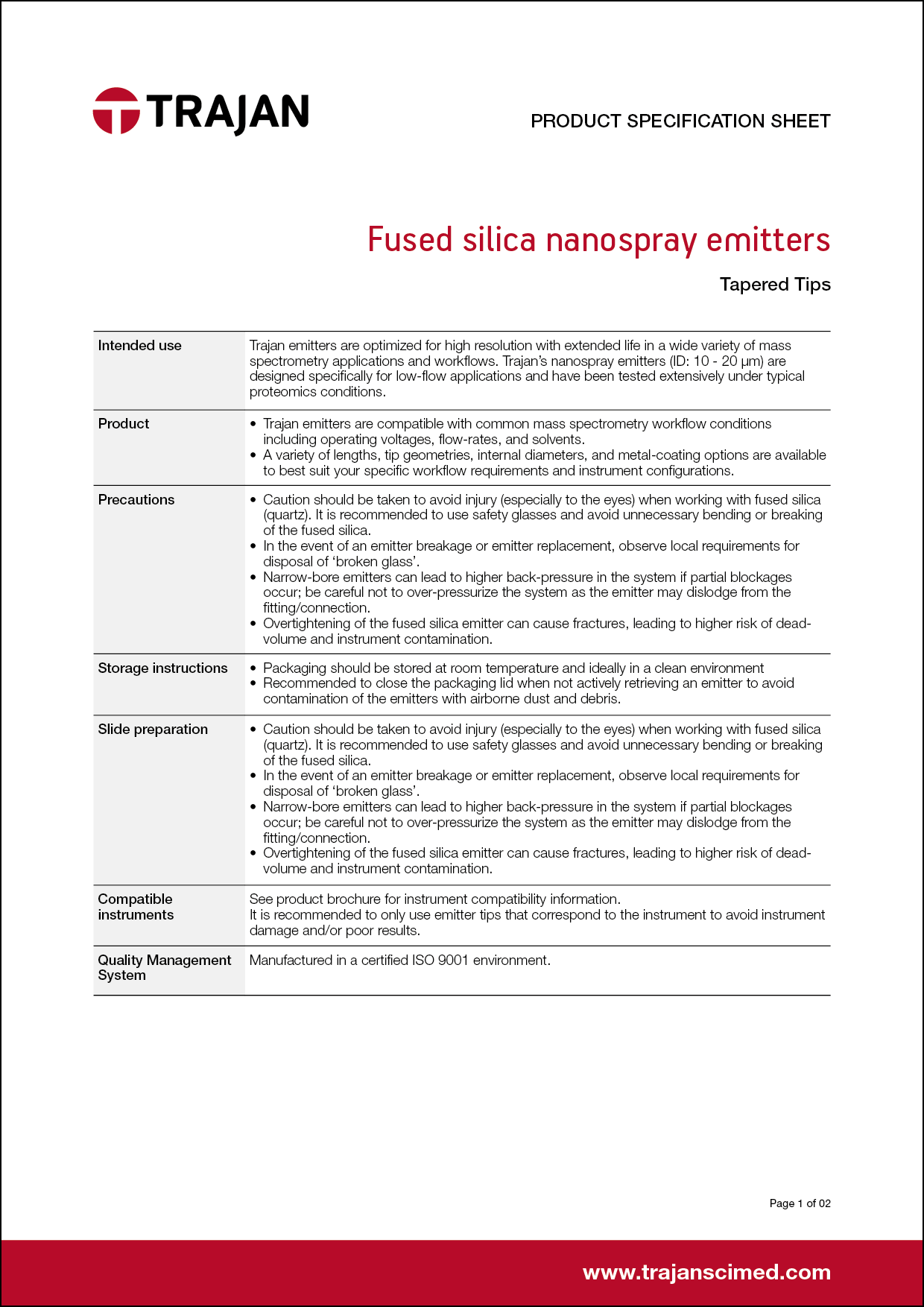 Product Specification Sheet - Fused silica nanospray emitters