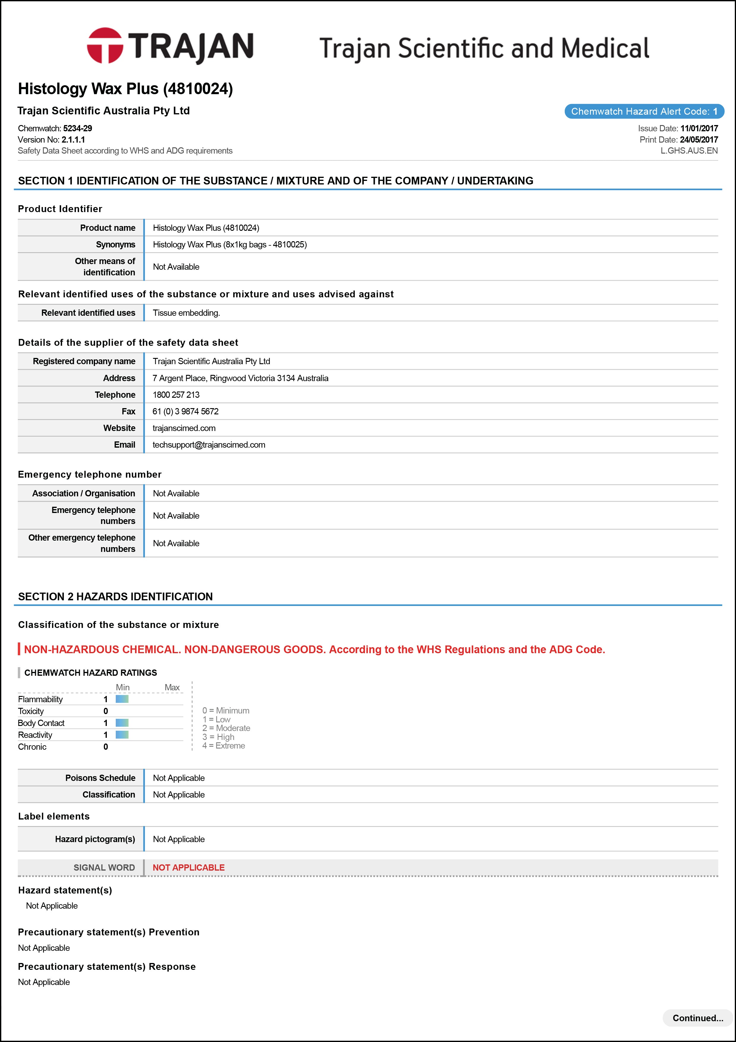 Safety data sheet - Histology wax Plus