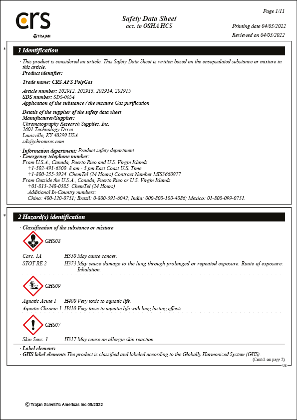 Safety Data Sheet - CRS Advanced Filter System PolyGas