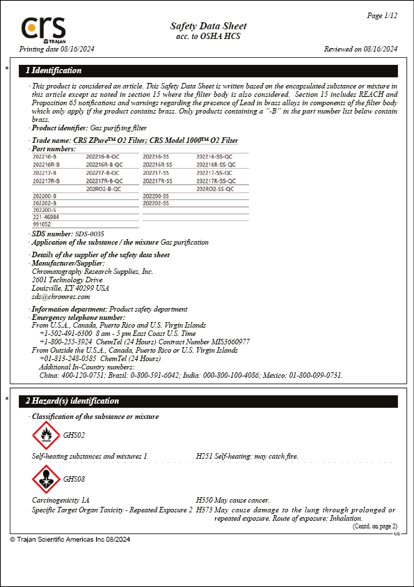 Safety Data Sheet - CRS ZPure O2 and Model 1000