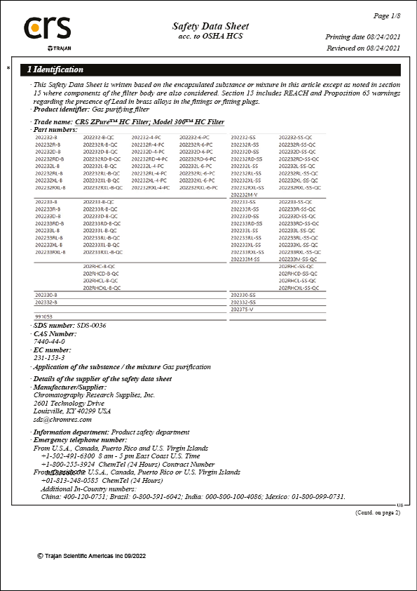 Safety Data Sheet - CRS ZPure HC and Model 300