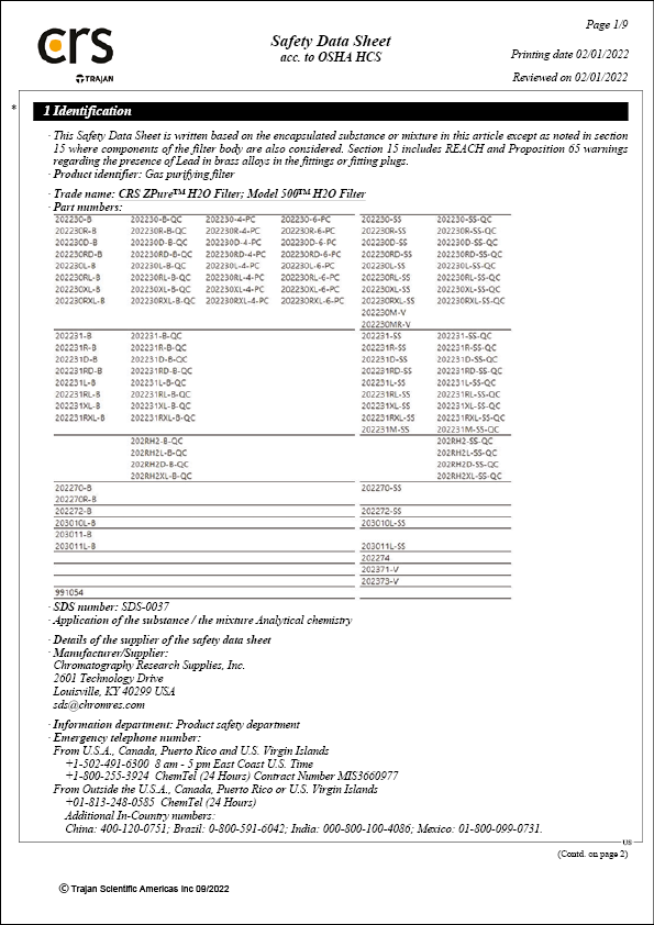 Safety Data Sheet - CRS ZPure H2O and Model 500