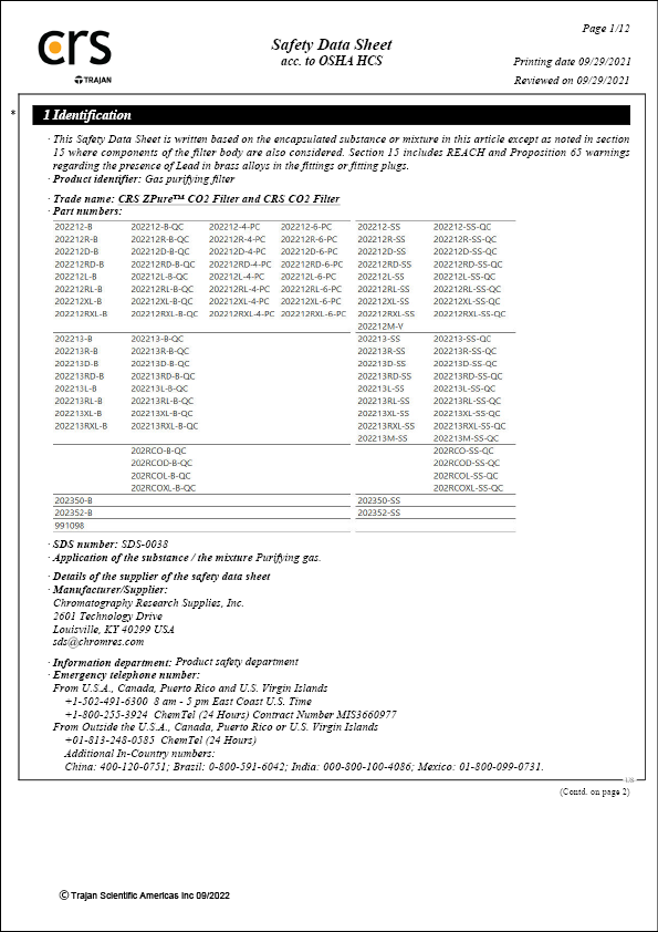 Safety Data Sheet - CRS ZPure CO2 and CRS CO2 Filter